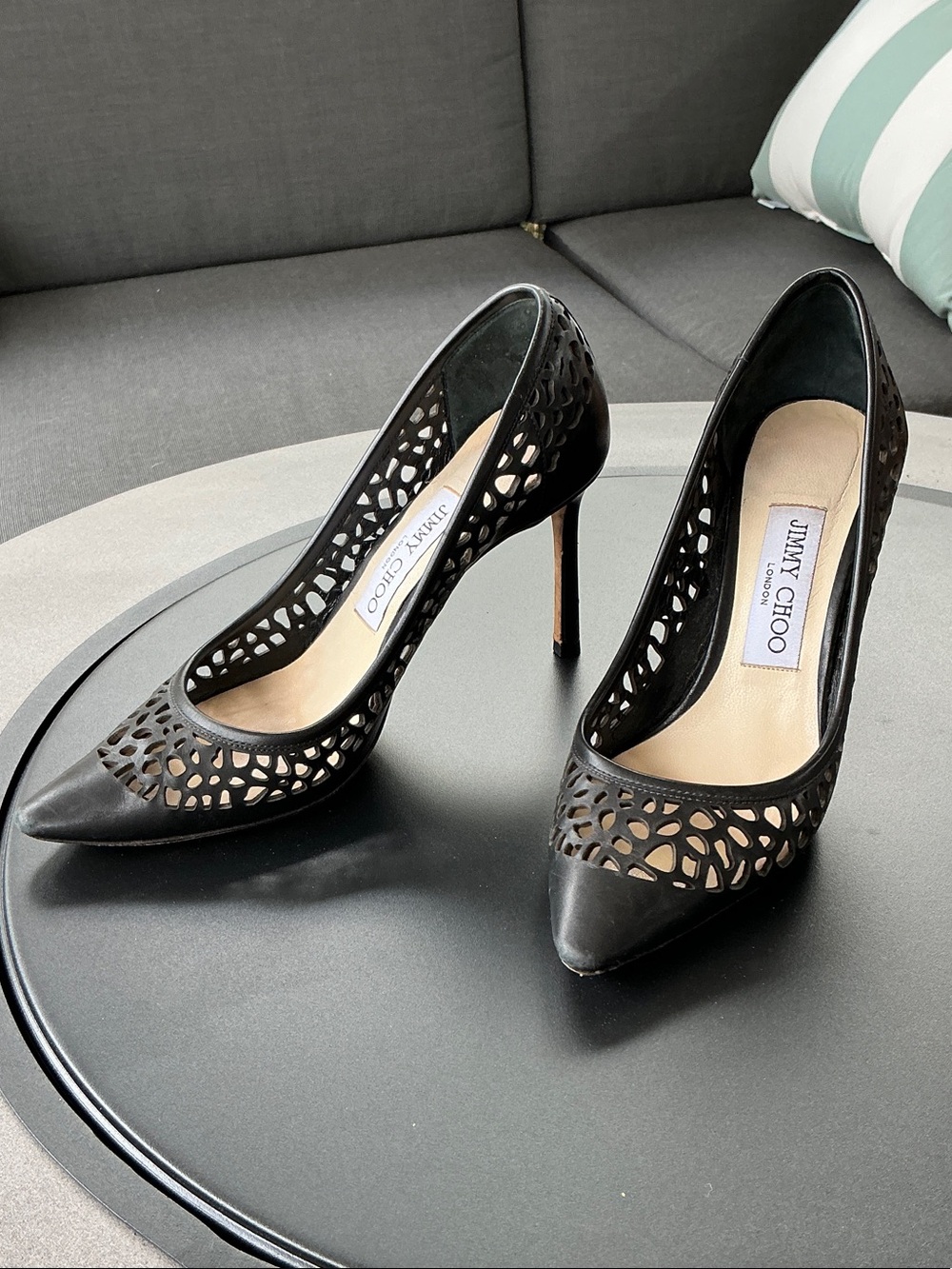 Jimmy Choo Black Laser-Cut Pointed Romy 85 Pumps